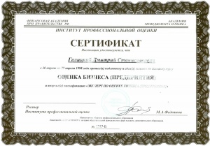 Сертификат «Оценка бизнеса (предприятия)»